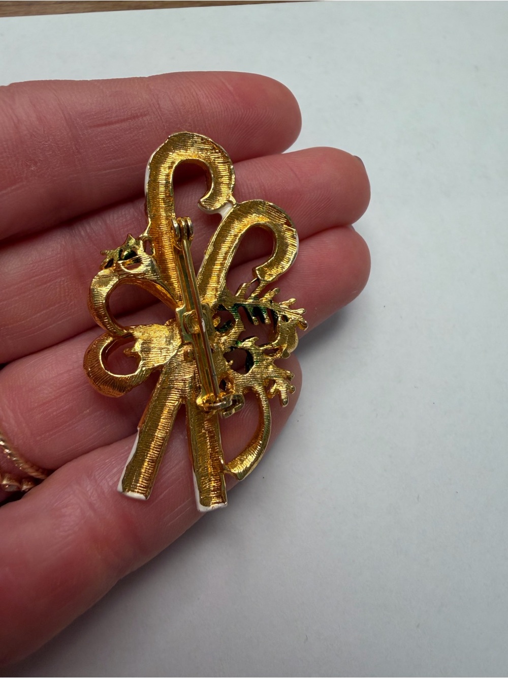 Vintage Festive Candy Cane Brooch with Red Crystals and Gold Accents - Picture 3 of 6